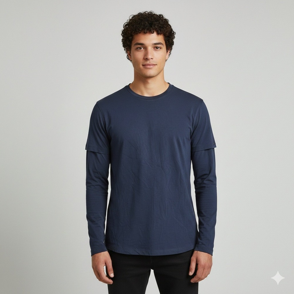 Scotch & Soda Mens Navy Blue Layered Double Sleeve Cotton T-Shirt Small 139746